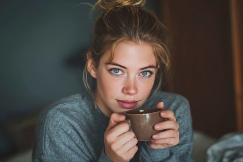 Beautiful young woman drinking tea or coffee while resting at home in comfort in cold weather, AI