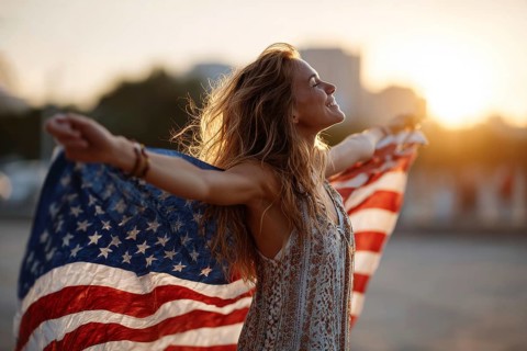 Beautiful attractive patriotic young woman with the American flag held in her standing in the