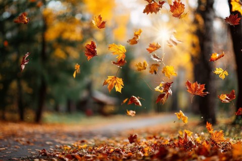 Beautiful autumn landscape with colorful foliage in the park, falling leaves natural background, AI