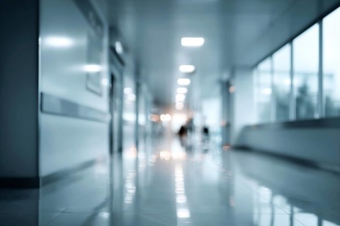 Blur image background of corridor in modern hospital or clinic, AI generated