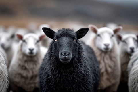 Black sheep sticking among white sheep. Black sheep in the family. Concept of a different person or