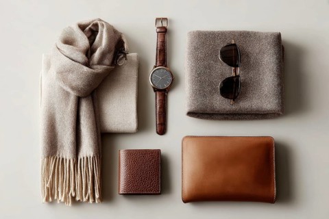 Beige and Brown Leather Accessories Flatlay. Modern business and lifestyle fashion accessories.