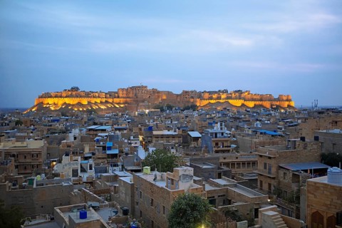 City view Jaisalmer at blue hour, behind the fortress in the light, Jaisalmer, Rajasthan, India