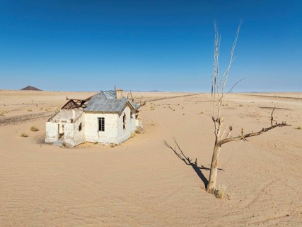 The long abandoned Garum train station in the southern Namib Desert. Aerial view. Drone shot.