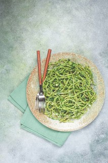 Spaghetti with pesto sauce, homemade, no people