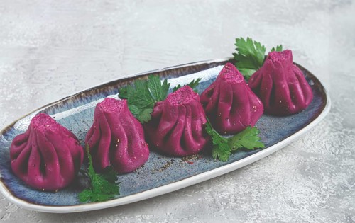 Beetroot khinkali, mini khinkali, purple, Georgian cuisine, no people