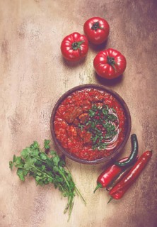 Chashushuli, a traditional Georgian dish, spicy, stewed meat with tomatoes and spices, homemade, no