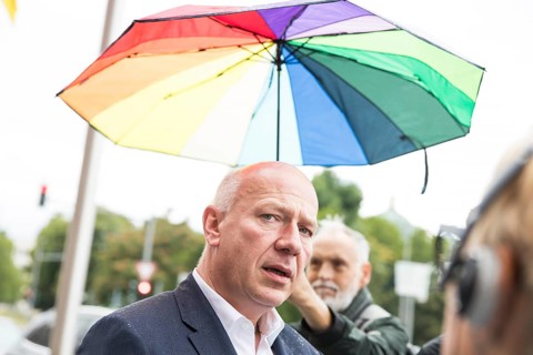 Kai Wegner (Governing Mayor of Berlin) gives interviews after raising the rainbow flag for Pride