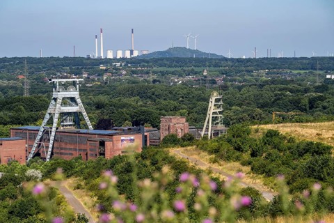 The double headframe of the disused Ewald mine, shaft 7, on the right headframe shaft 2, in Herten,