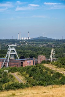 The double headframe of the disused Ewald mine, shaft 7, on the right headframe shaft 2, in Herten,