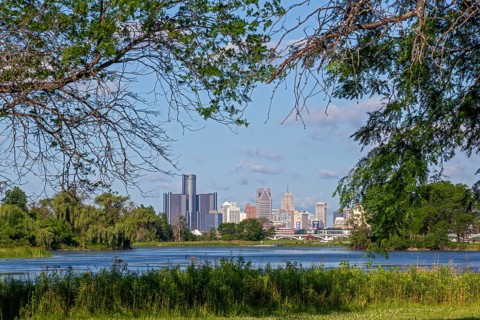 Detroit, Michigan - Downtown Detroit, photographed from Belle Isle in the Detroit River. Lake