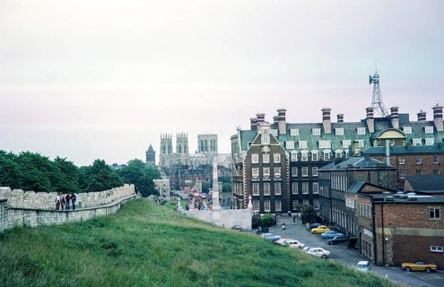 City walls and view to York Minster, city of York, Yorkshire, England, UK 1970s