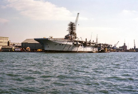 HMS Bulwark, Centaur-class light fleet aircraft carrier, refit at Portsmouth Harbour, Portsmouth,