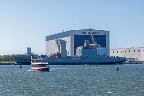 Overseas harbour, excursion boat, naval vessel, Neptune shipyard, Warnemünde, Rostock,
