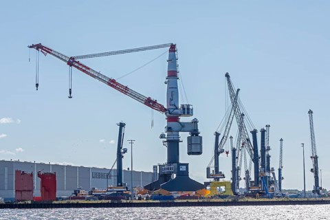 Overseas harbour, Liebherr-MCCtec, heavy-duty crane TCC 78000, Warnemünde, Rostock,