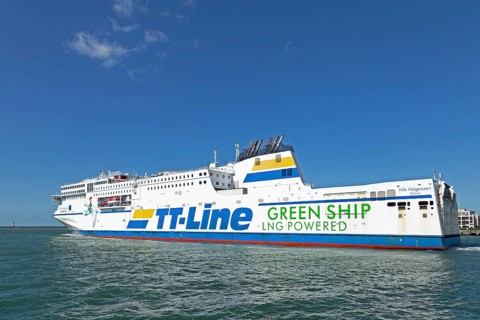 TT-Line ferry Nils Holgersson departs, Warnow, Warnemünde, Rostock, Mecklenburg-Western Pomerania,