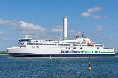 Scandlines Hybrid Ferry departs from Warnow, Warnemünde, Rostock, Mecklenburg-Vorpommern, Germany