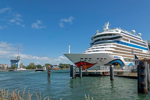 Cruise ship AIDA mar moored at the quay wall, Warnow, Warnemünde, Rostock, Mecklenburg-Vorpommern,