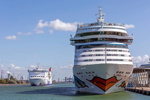 Cruise ship AIDA mar moored at the quay wall, ferry, Warnow, Warnemünde, Rostock,