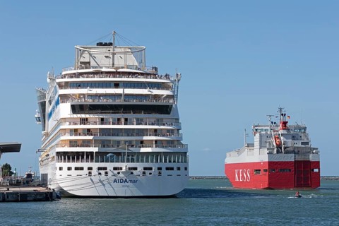 Cruise ship AIDA mar moored at the quay wall, cargo ship Kess, Warnow, Warnemünde, Rostock,