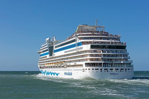 Cruise ship AIDA nova departs, Warnow, Warnemünde, Rostock, Mecklenburg-Western Pomerania, Germany