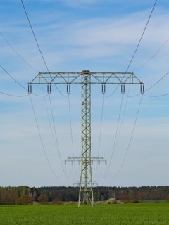 An osprey nest on a power pole, Mecklenburg-Western Pomerania, Müritz region, Germany