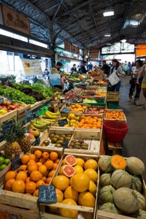 Market stall with fruit, market hall, Marche Provencal, Antibes, Provence Alpes Côte d'Azur, South