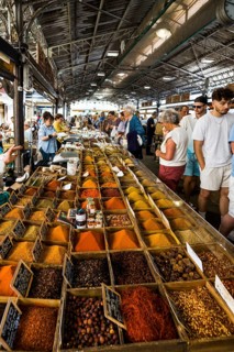 Market stall with spices, market hall, Marche Provencal, Antibes, Provence Alpes Côte d'Azur, South