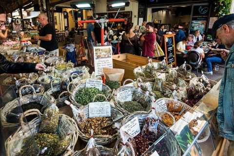 Market stall with herbs, market hall, Marche Provencal, Antibes, Provence Alpes Côte d'Azur, South