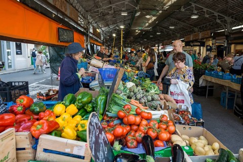 Market stall with vegetables, market hall, Marche Provencal, Antibes, Provence Alpes Côte d'Azur,