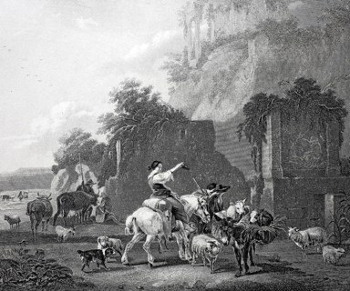 Rural scene with a farmer on horseback, a donkey and sheep, cows and dogs, Steel engraving after a