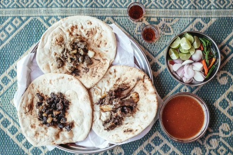 Traditional camel restaurant in Salalah, three kinds of camel meat (dry braised, boiled and