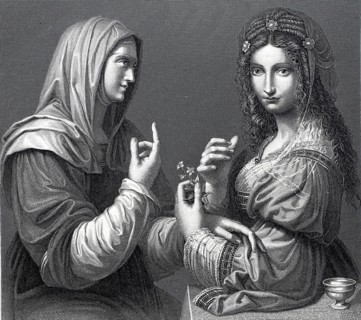 Modesty and vanity, two opposing woman, steel engraving after a painting by Da Vinci, historical,