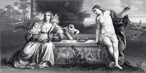 Heavenly and earthly love, the two woman are interpreted as embodiments of divine and earthly love,