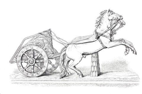Biga, an ancient Roman chariot pulled by two horses. In contrast to other chariots where the driver