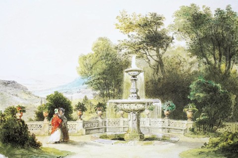 Fountain and terrace of Rosenau Castle, 1845, Coburg, Upper Franconia, Bavaria, Germany,