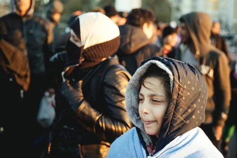 Refugees on the Inn bridge, Braunau am Inn, Austria, 2015