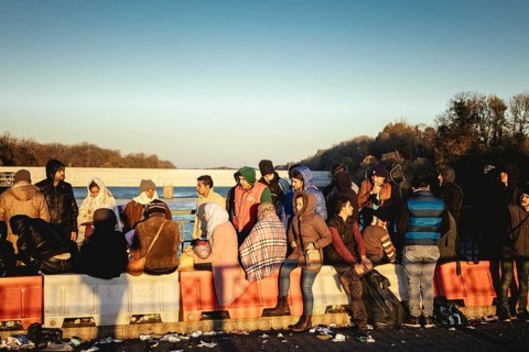 Refugees on the Inn bridge, Braunau am Inn, Austria, 20