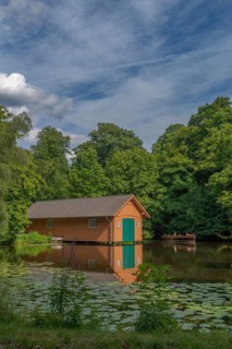 Boathouse at the Meiereisee in the Bürgerpark dating from 1866, passenger ship Marie, round trip,