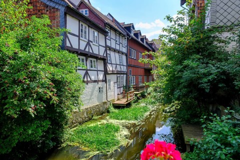 Little Venice, historic canals, on the River Oker, Wolfenbüttel, Lower Saxony, Germany