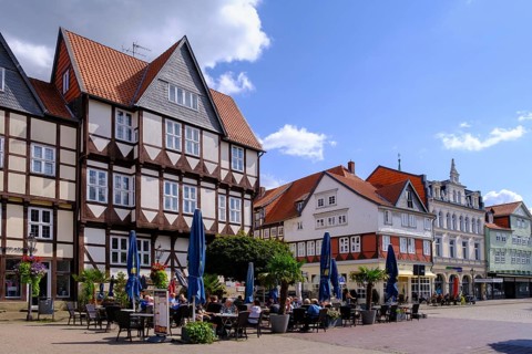 Half-timbered houses at the town market, Wolfenbüttel, Lower Saxony, Germany