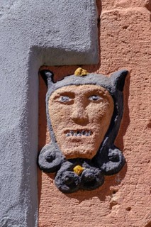 Detail on the house wall, devil, half-timbered houses, alleys, Metzgergasse, Aschaffenburg am Main,