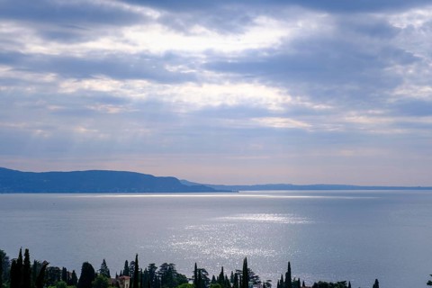 View over Lake Garda, Vittoriale degli Italiani, house and garden of Gabriele D'Annunzio, Gardone