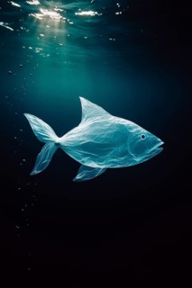 Plastic bag in the shape of a fish, swimming realistically in the open ocean, with air bubbles in