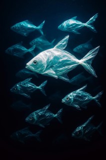 Plastic bags in the shape of several fish, realistically swimming in the open ocean, surrounded by