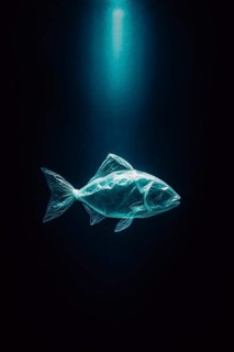 Plastic bag in the shape of a fish, realistically swimming in the open ocean, dark dramatic