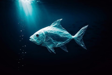 Plastic bag in the shape of a fish, realistically floating in the open ocean, with air bubbles in