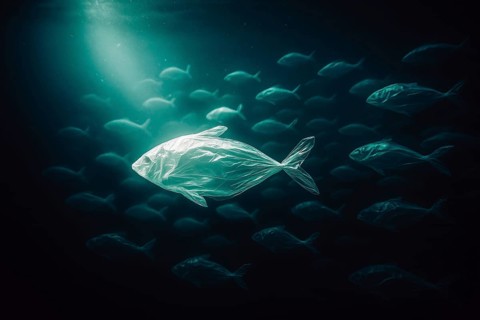 Plastic bag in the shape of a fish, realistically swimming in the open ocean, with air bubbles in