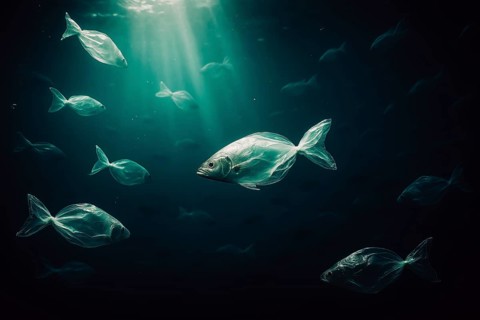 Plastic bags in the shape of several fish, swimming realistically in the open ocean, a few air