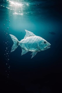 Plastic bag in the shape of a fish, realistically floating in the open ocean, with air bubbles in